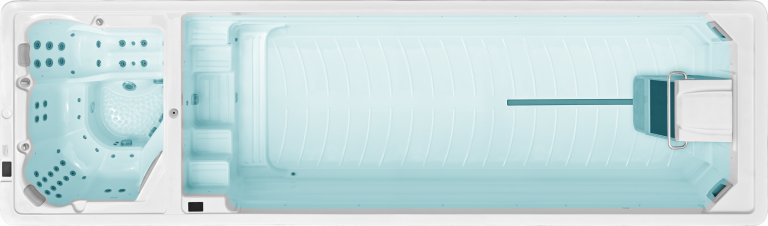 Top view of a dual-zone swim spa with seats and swim lane