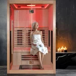 Person relaxing inside an infrared sauna