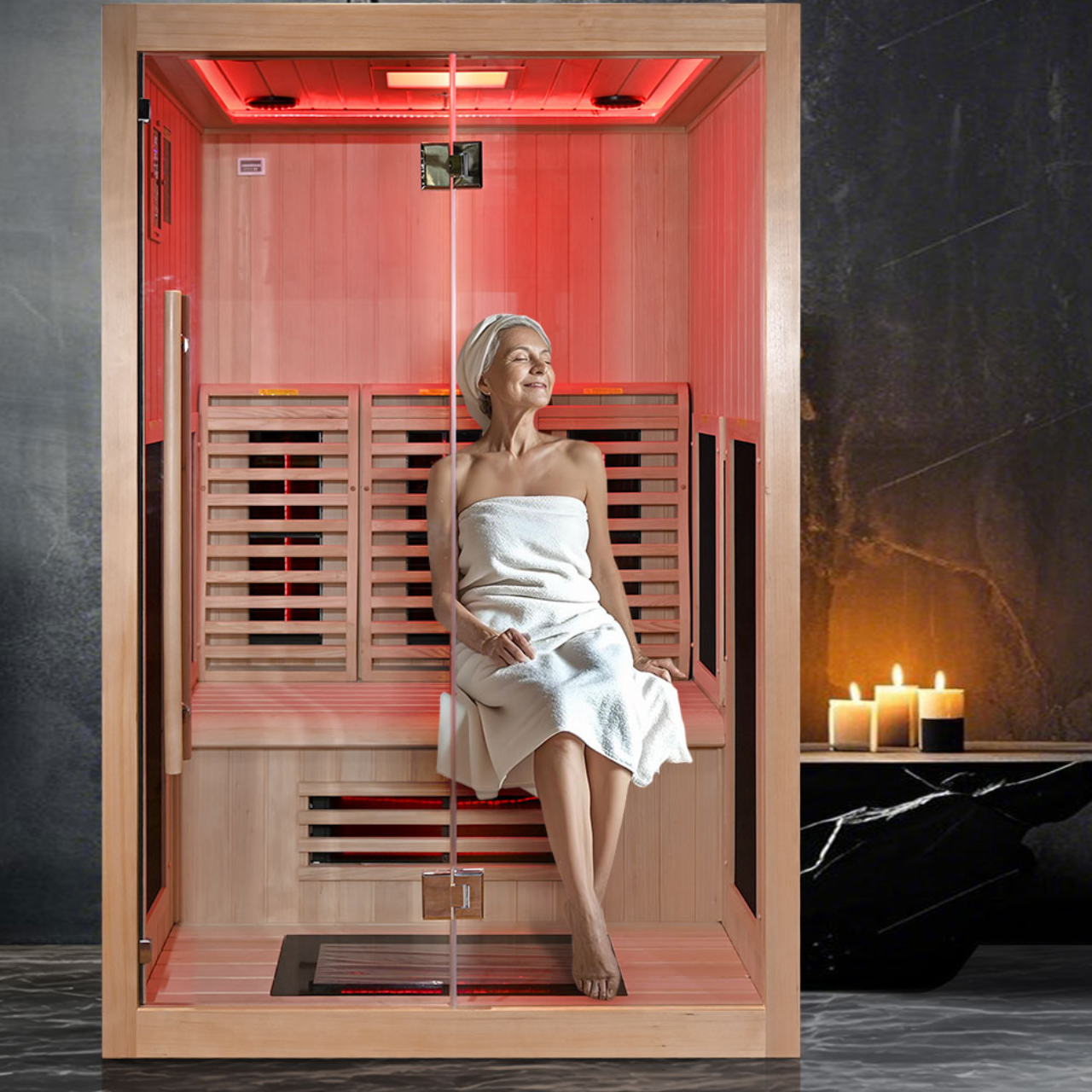 Person relaxing inside an infrared sauna