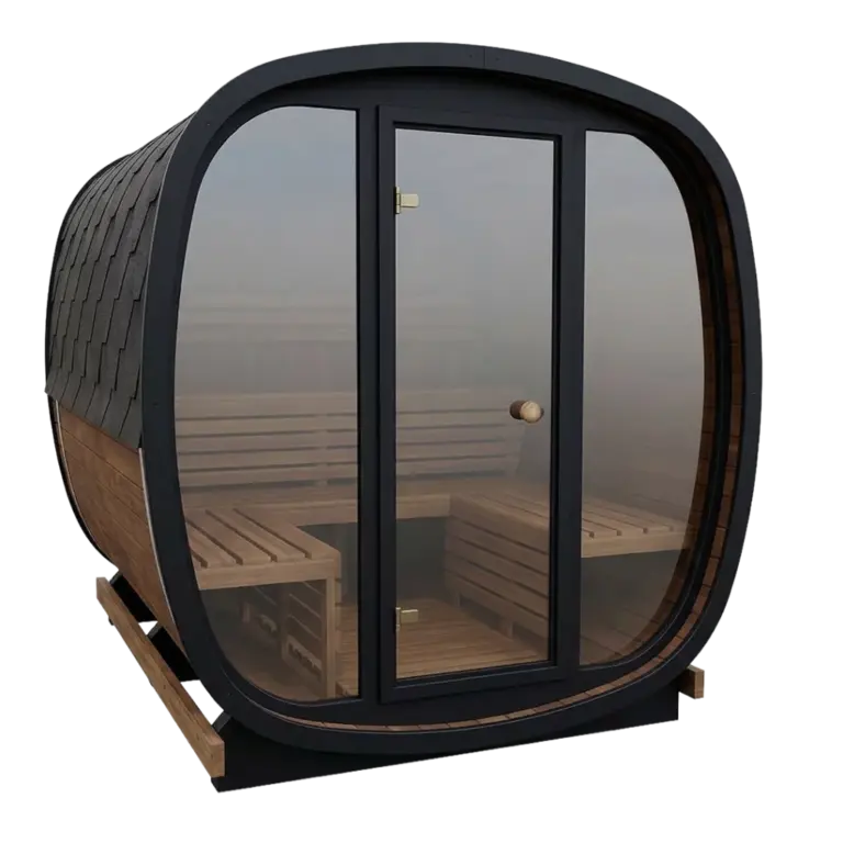 Woodchop mirrored outdoor sauna