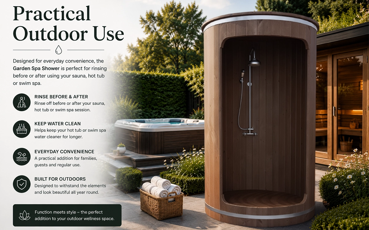 Outdoor spa shower for sauna hot tub and swim spa use